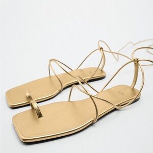 Gold Tie up flat sandals Zara *never worn*